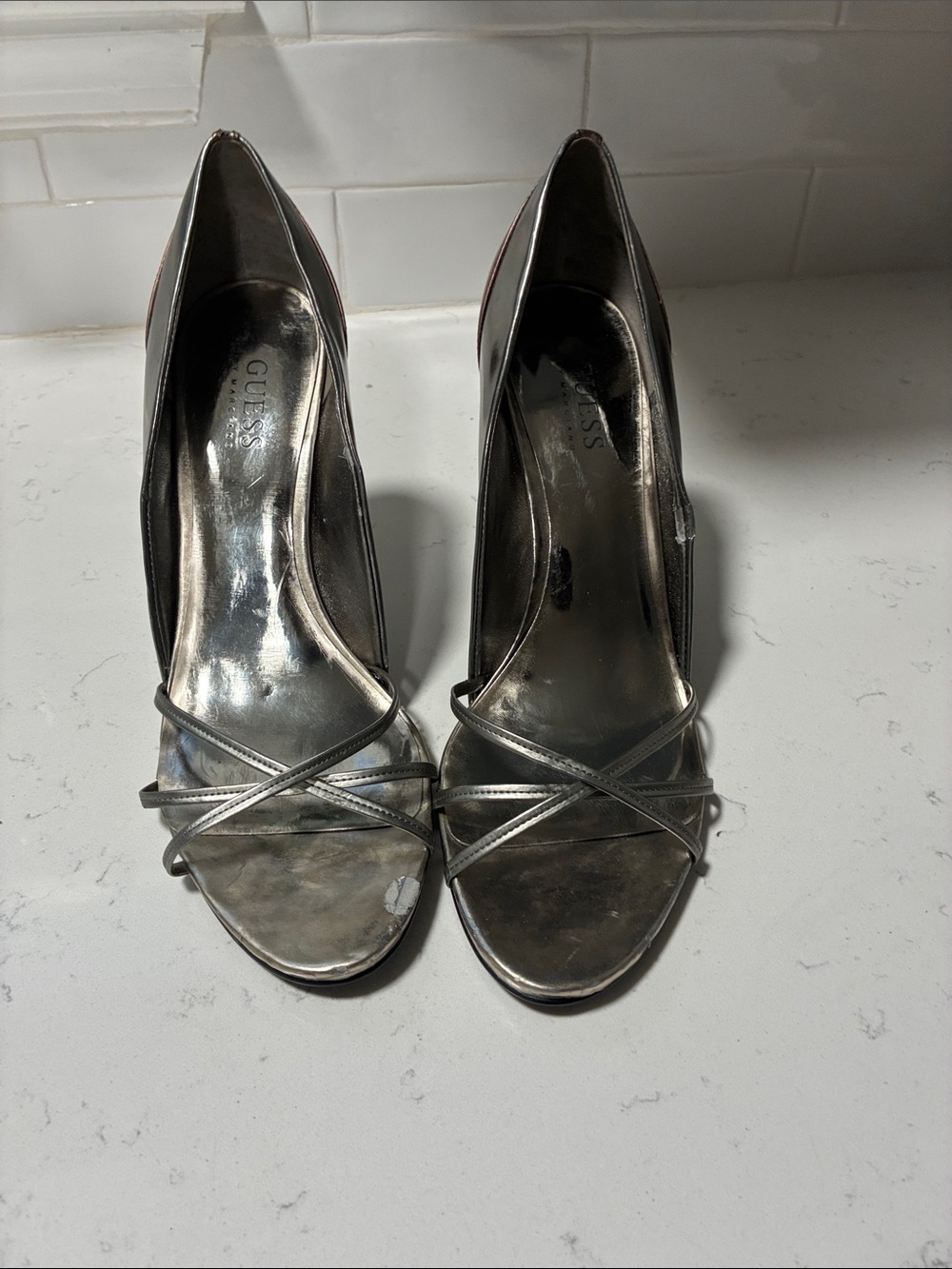 GUESS Metallic Silver Strappy Peep-Toe Heels